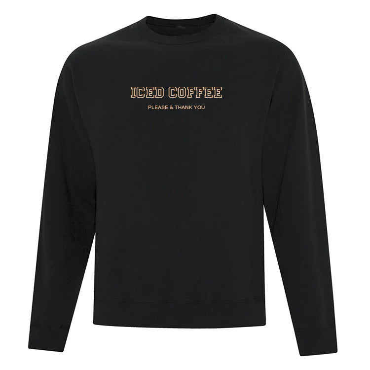 crewneck noir avec l'inscription iced coffee please and thank you en brun brodé au centre