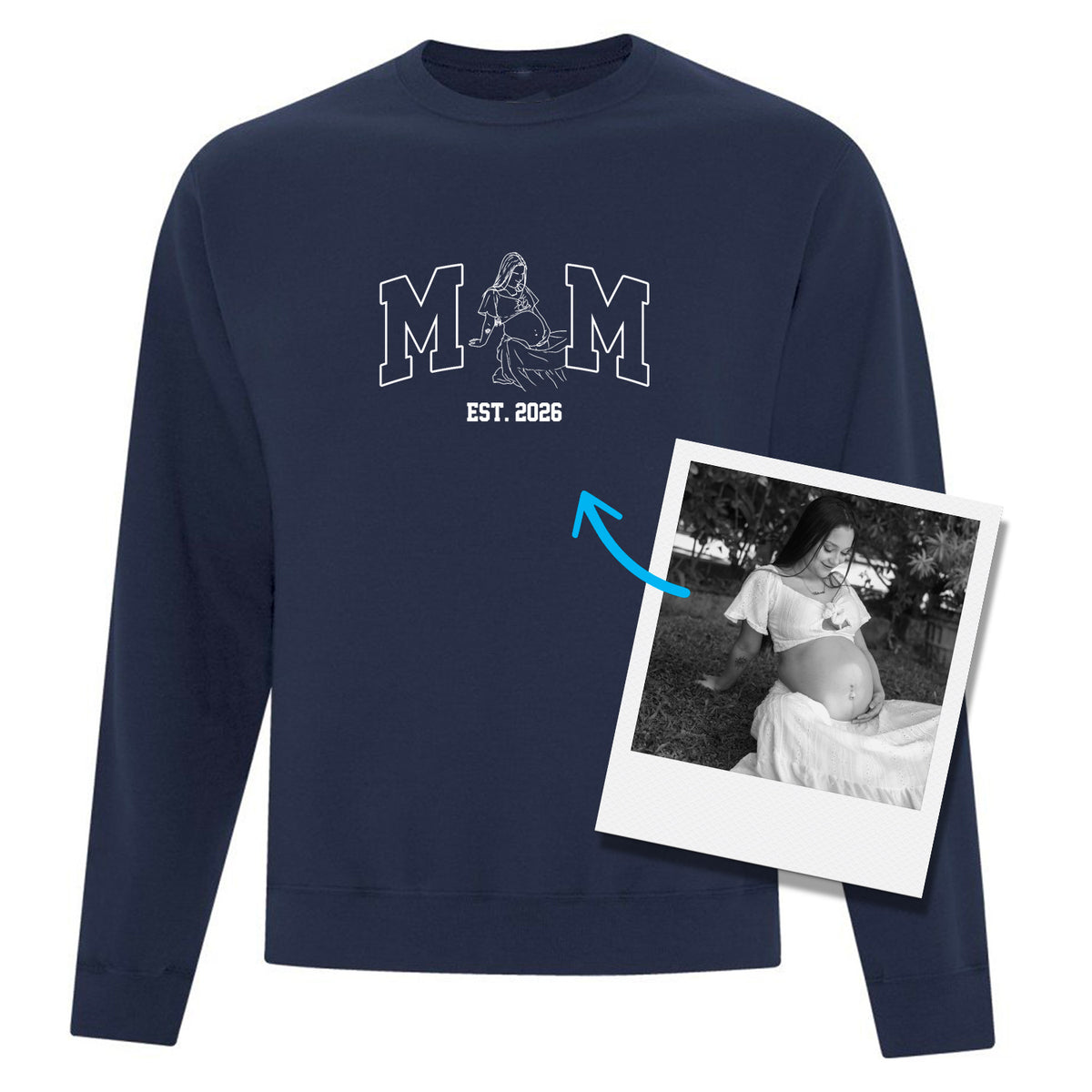 coton ouaté sans capuchon bleu marin avec broderie personnalisé blanche silhouette MOM à partir d'une photo