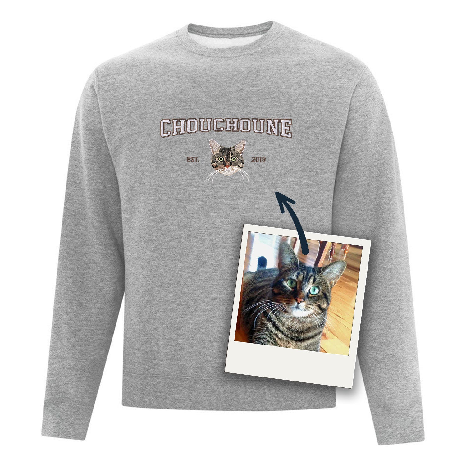 coton ouaté sans capuchon gris pâle avec broderie personnalisée d'un portrait de chat avec son nom et année de naissance