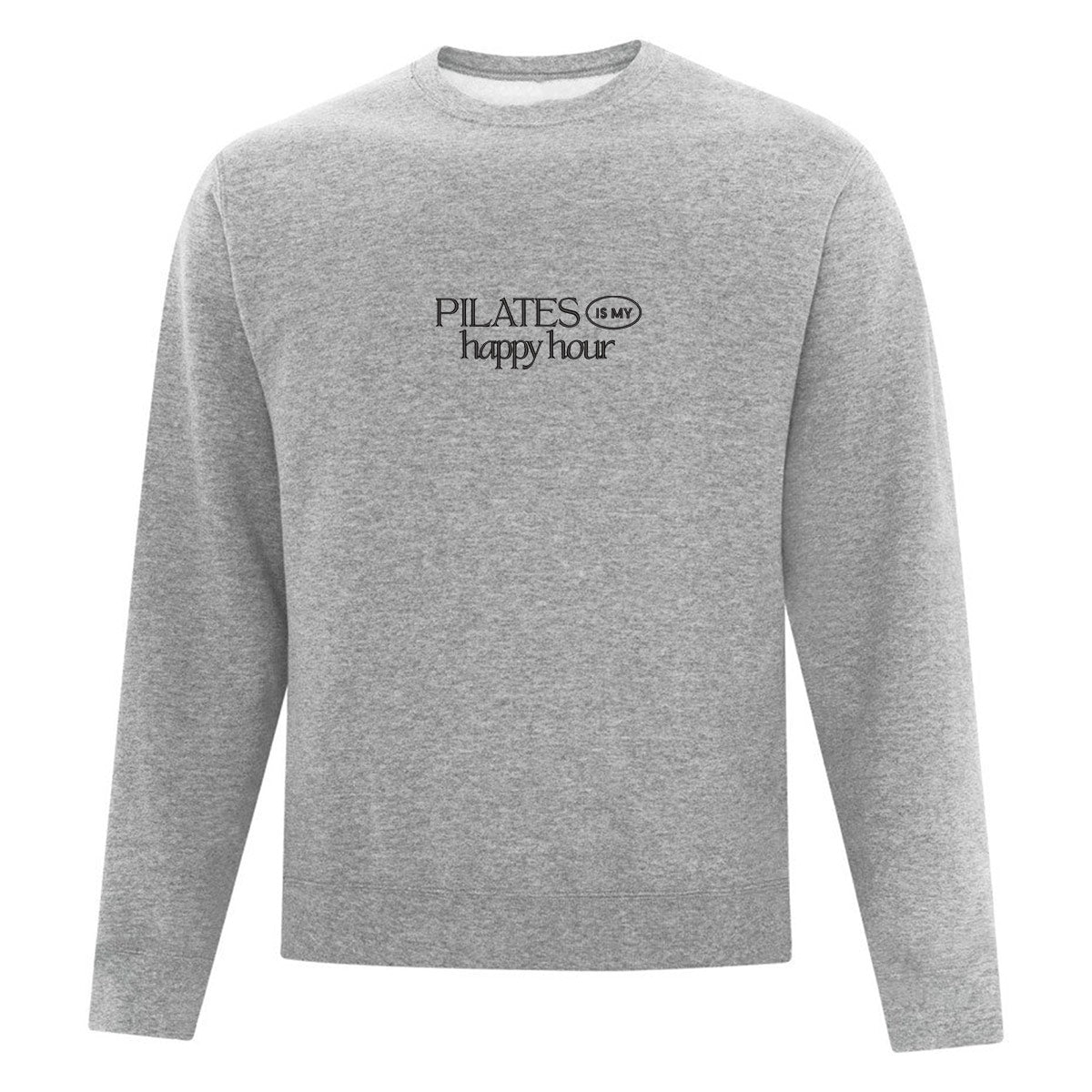 chandail en molleton à col rond gris pâle avec broderie centrale noire pour les personnes faisant du pilates