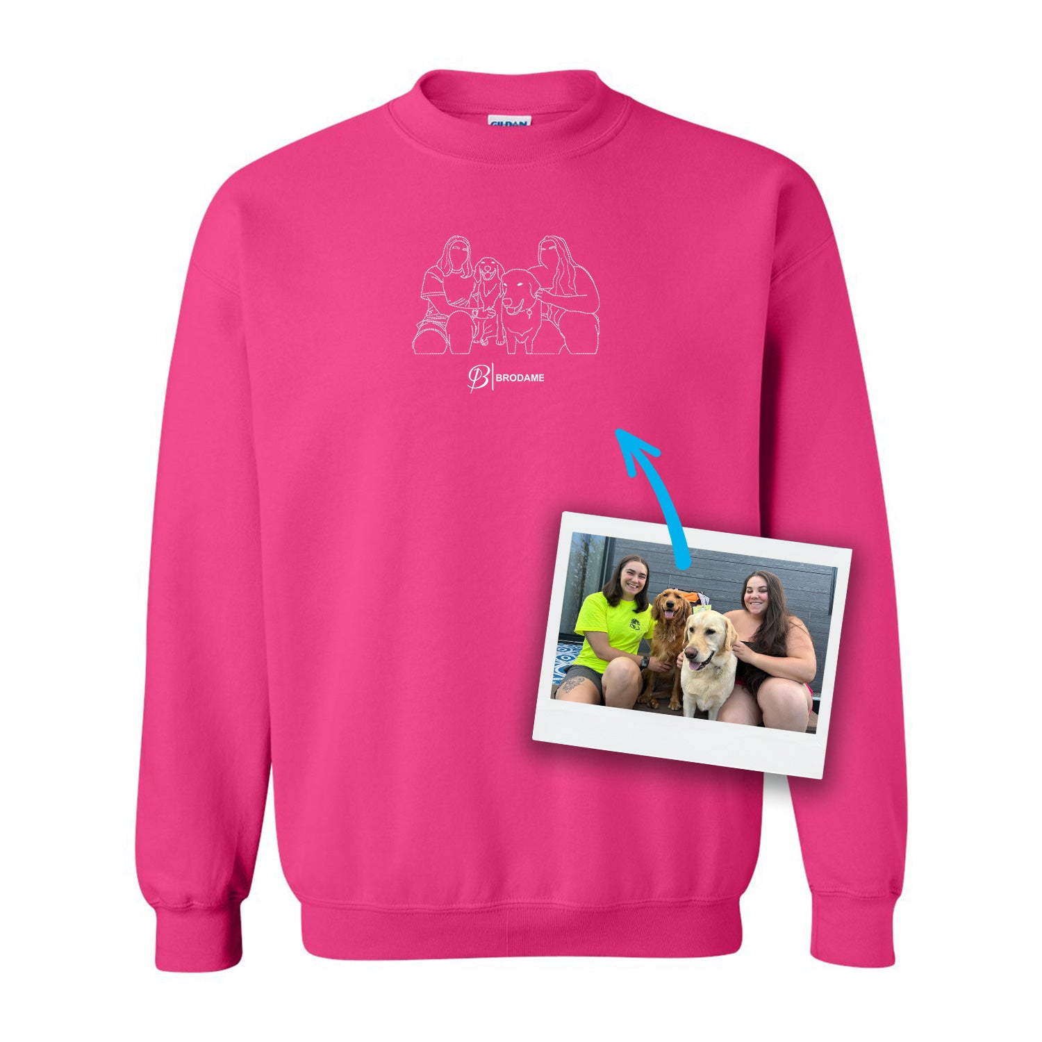 crewneck personnalisé rose tracé de photo silhouette brodé au centre avec logo brodame en dessous
