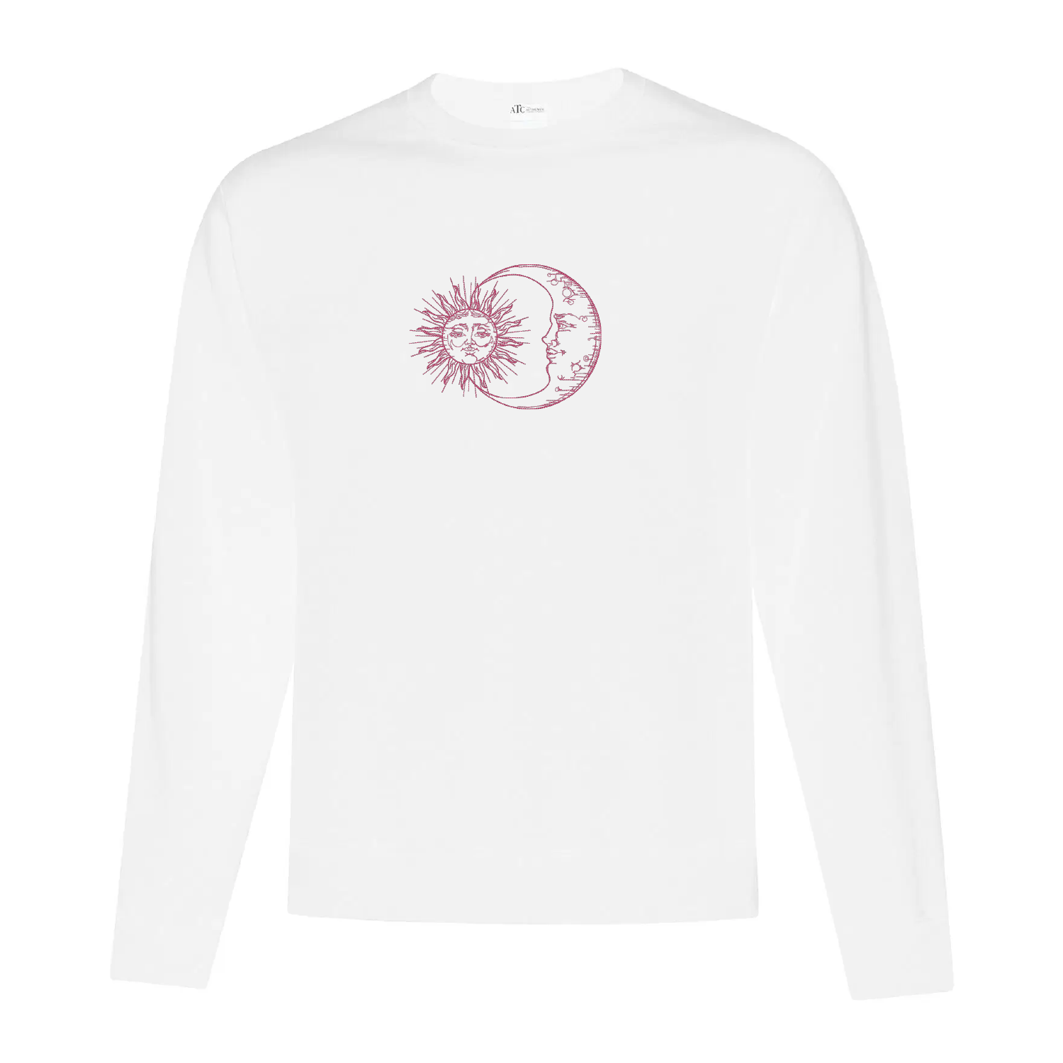 crewneck blanc ayant une broderie de soleil et de lune de type minimaliste brodé au centre
