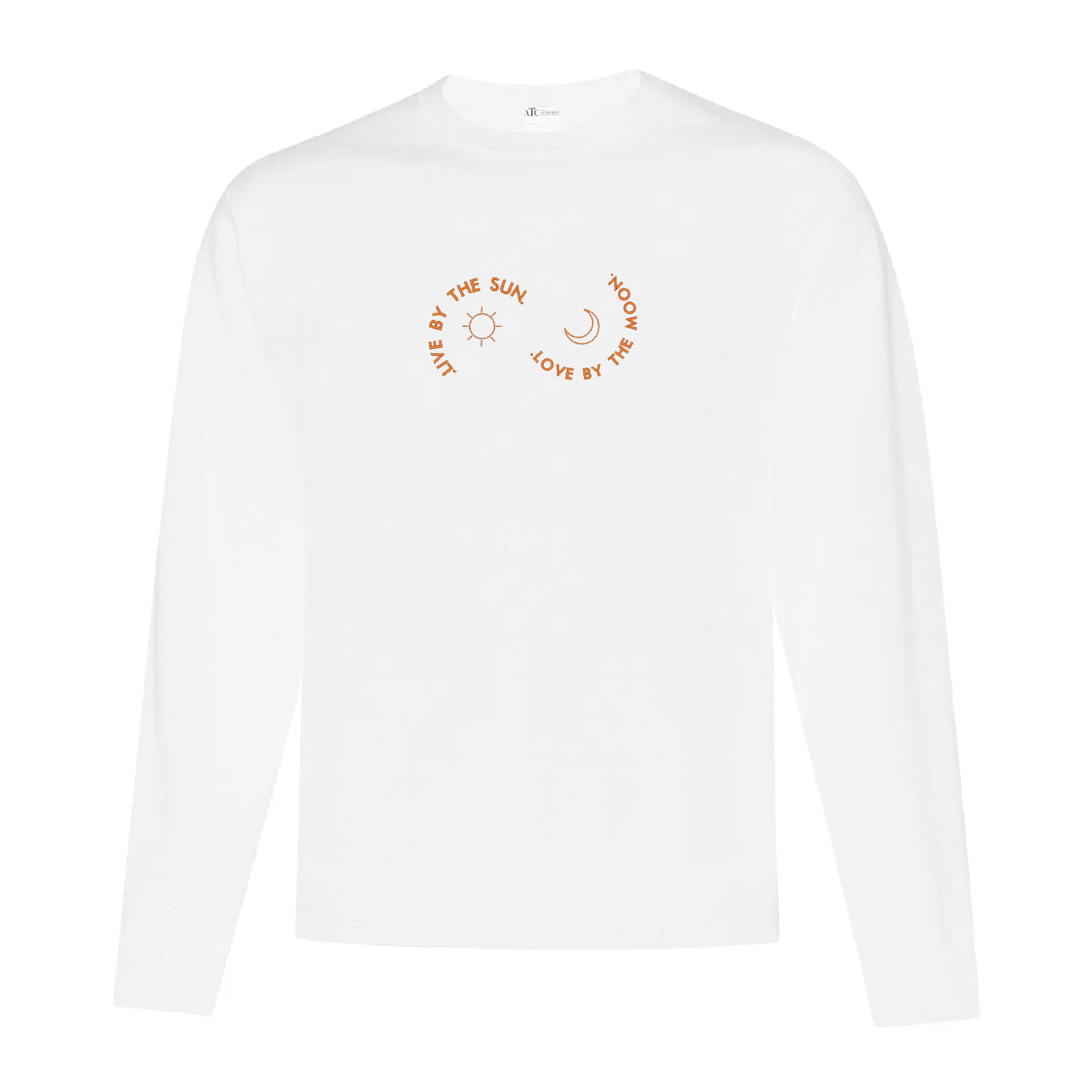 crewneck blanc brodé live by the sun love by the moon avec une lune et un soleil oranges