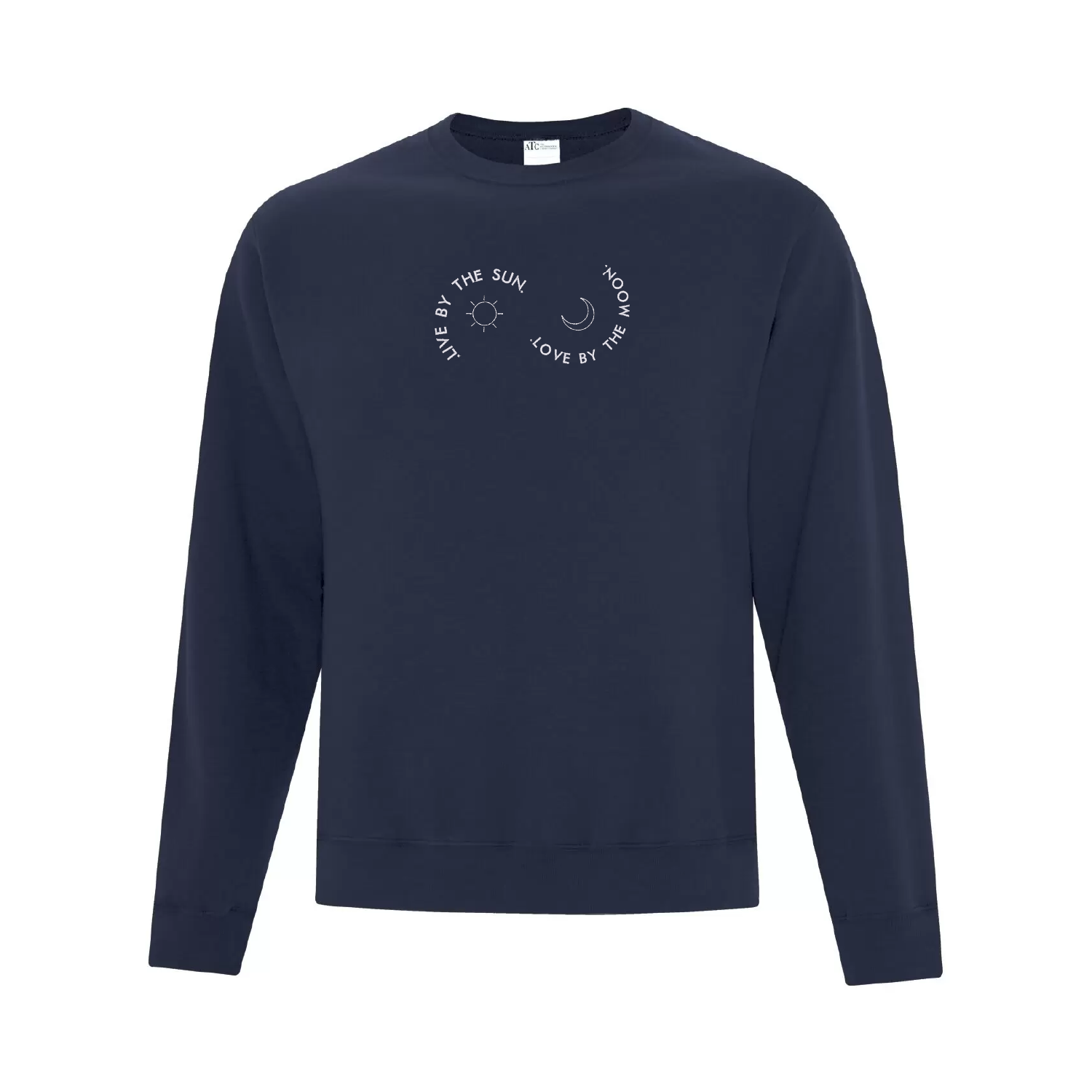 crewneck bleu marin brodé live by the sun love by the moon avec une lune et un soleil blancs