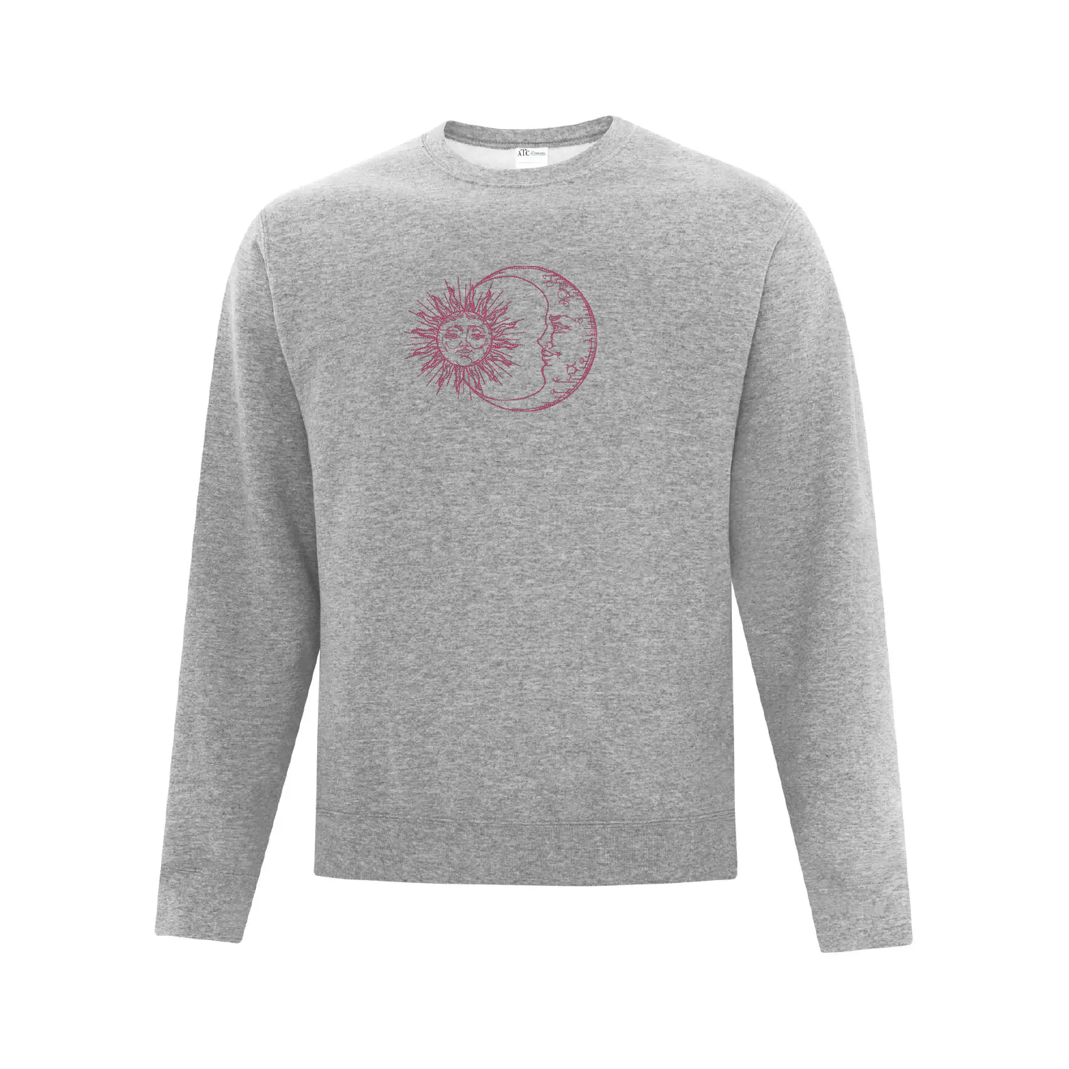 crewneck gris pâle ayant une broderie de soleil et de lune de type minimaliste brodé au centre