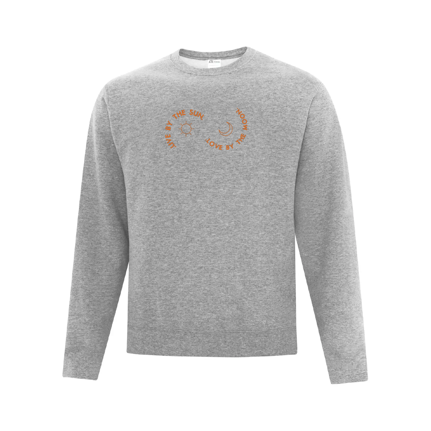 crewneck gris pâle brodé live by the sun love by the moon avec une lune et un soleil oranges