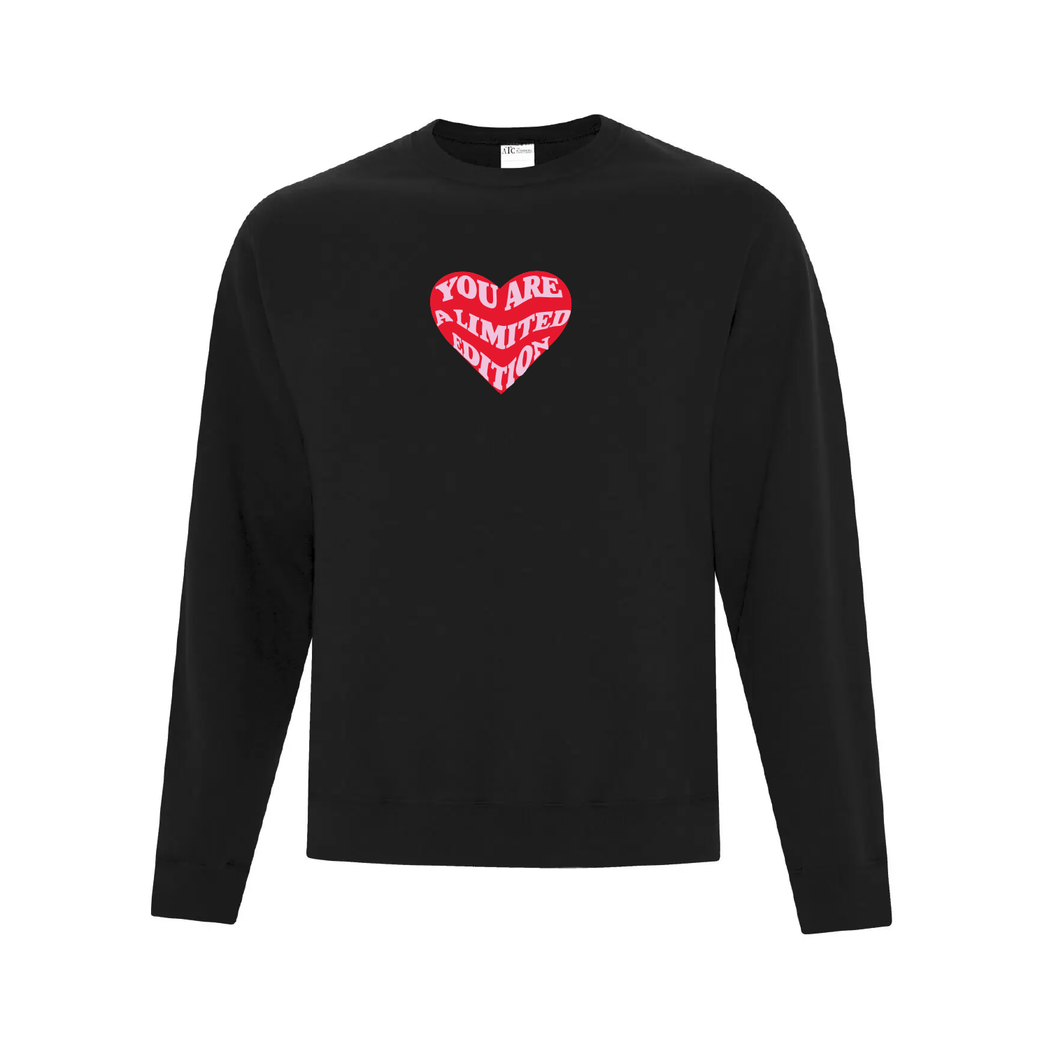 crewneck noir avec broderie de coeur avec citation you are a limited edition en rose
