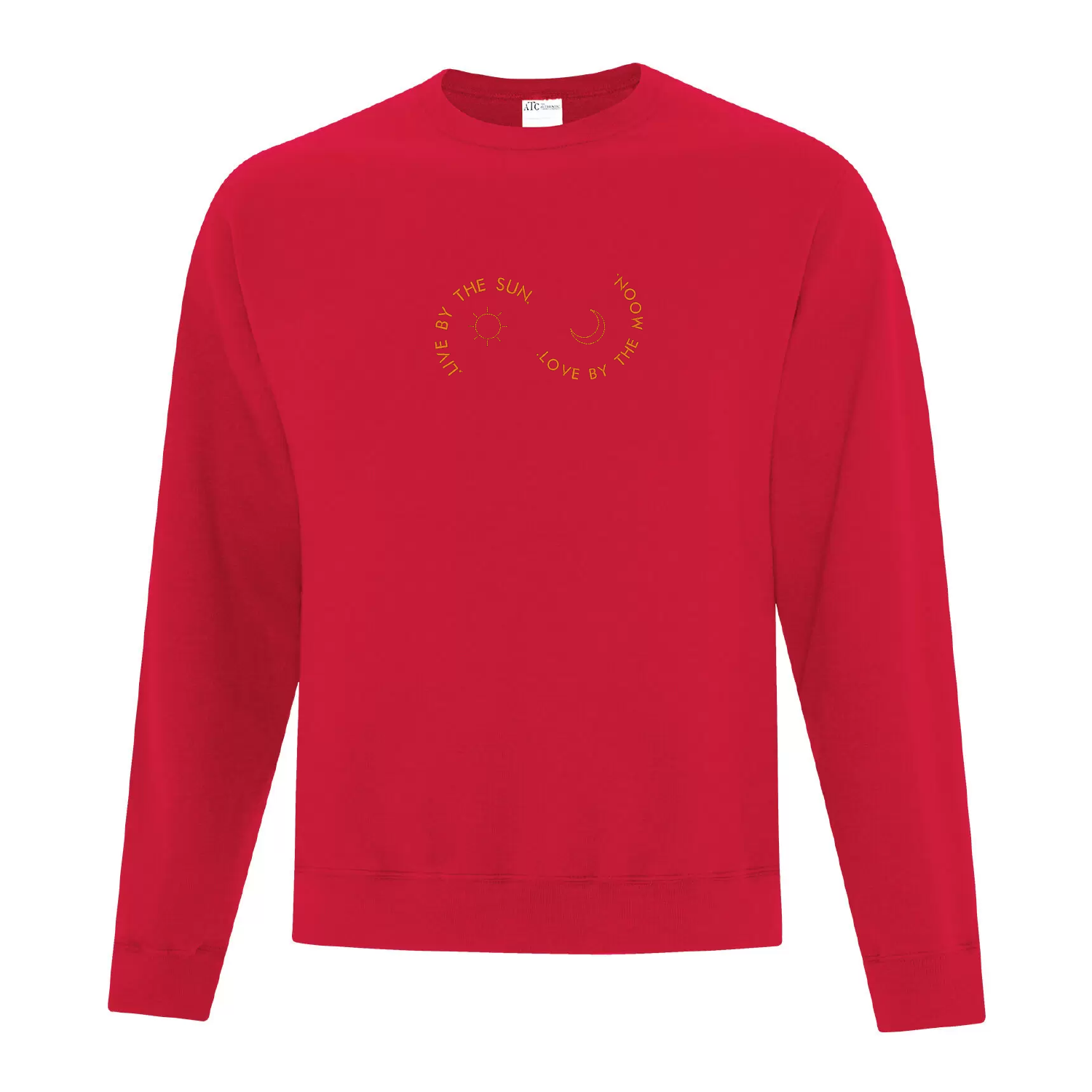 crewneck rouge brodé live by the sun love by the moon avec une lune et un soleil oranges