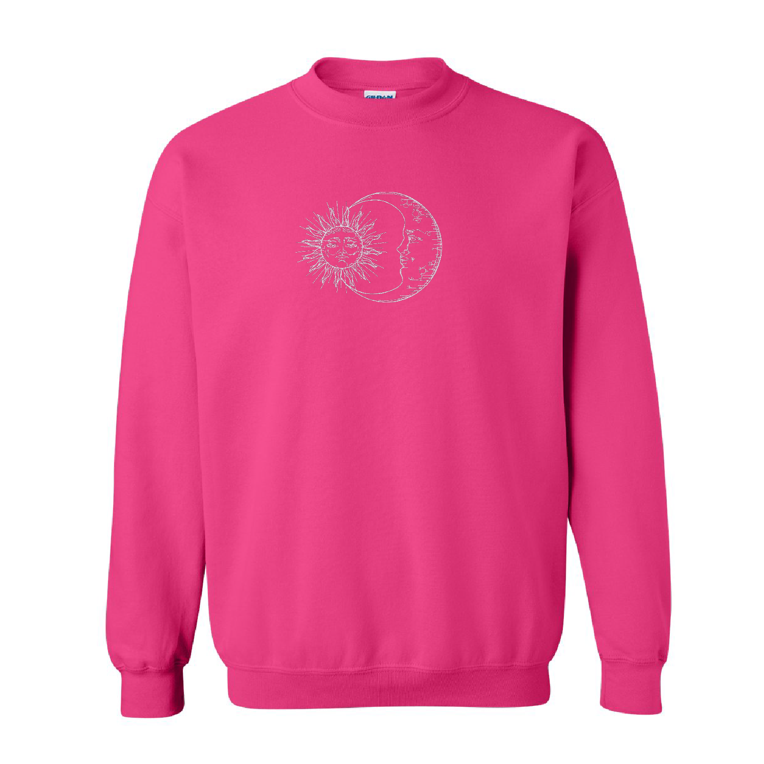 crewneck rose ayant une broderie de soleil et de lune de type minimaliste brodé au centre