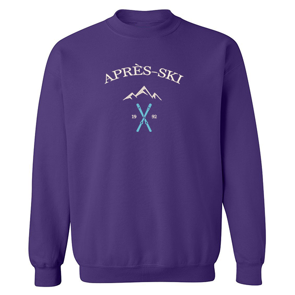 crewneck mauve broderie après-ski avec montagne et ski