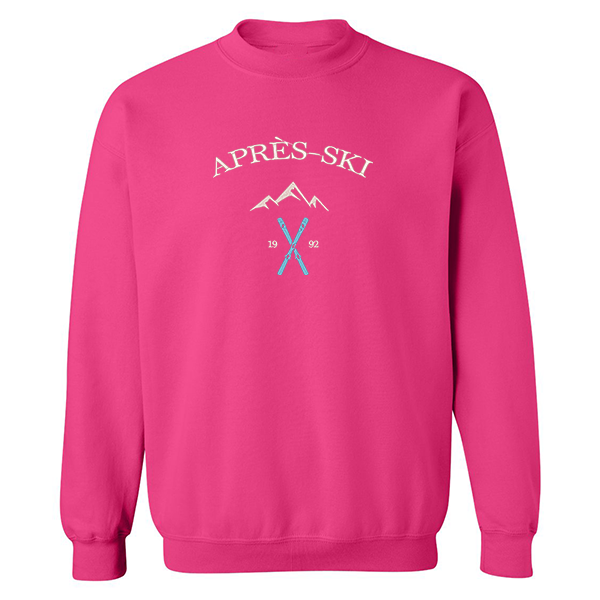 crewneck rose broderie après-ski avec montagne et ski