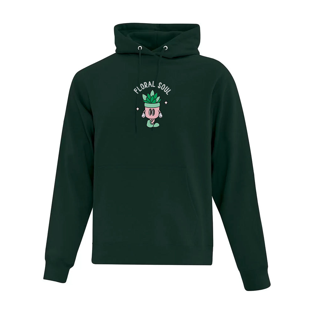 hoodie vert foret floral soul avec un pot d'une plante brodé