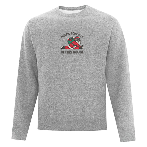 crewneck gris pâle ho's in this house brodé avec père noel faisant la split