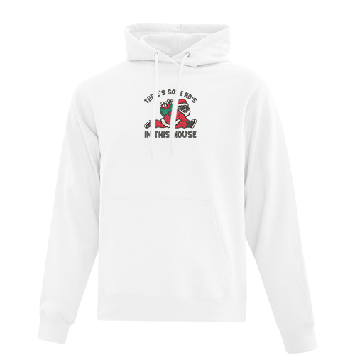 hoodie blanc avec pere noel faisant une split le grand écart avec sac de jouet