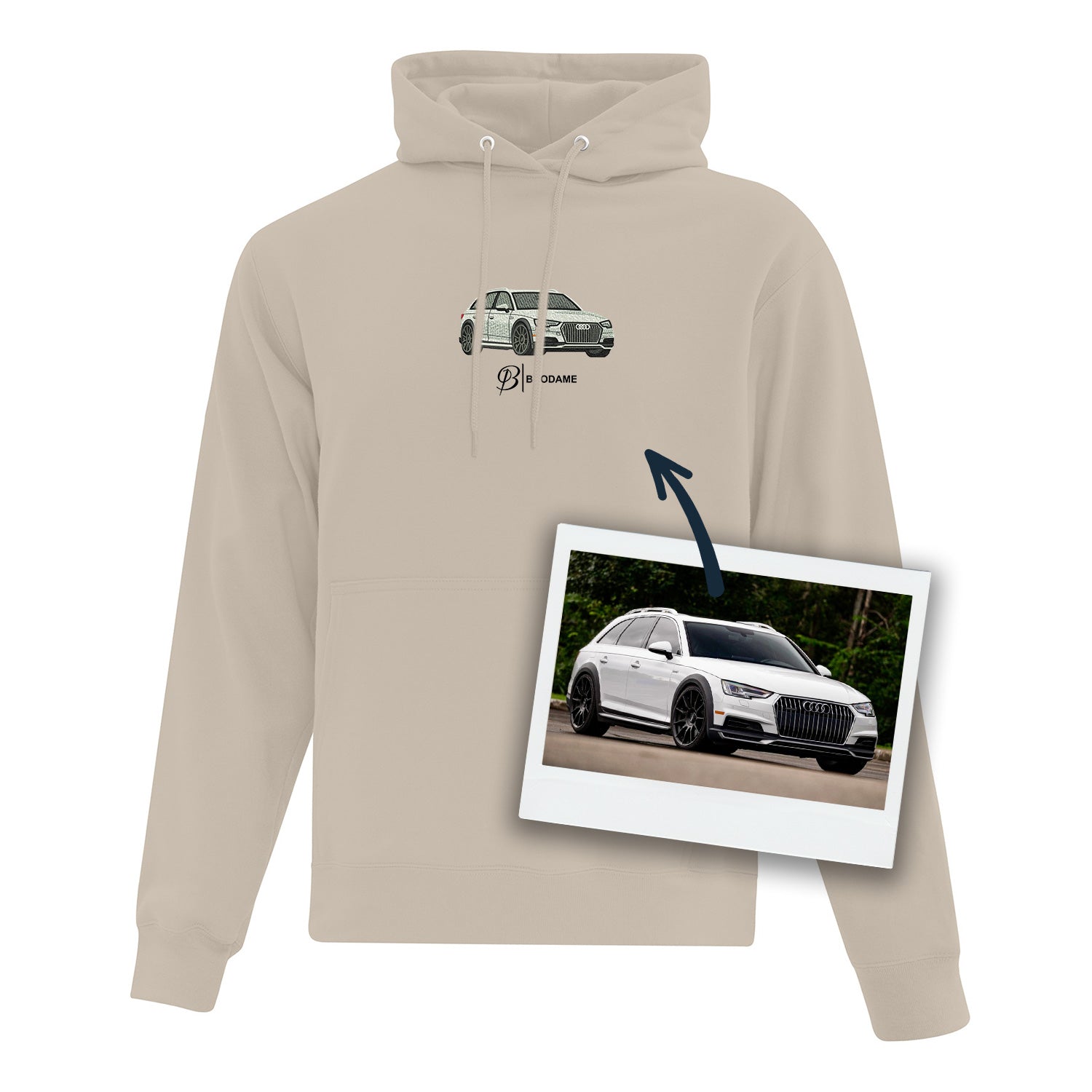coton ouaté beige avec une audi blanche et le logo brodame brodé de façon réaliste au centre à partir d'une image fournie par le client