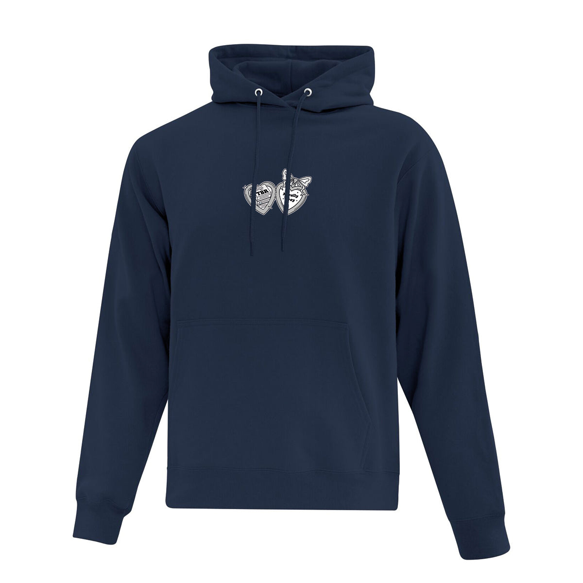 coton ouaté à capuchon bleu marin sur fonc blanc. Il y a une impression d'un pendentif en forme de coeur ouvert avec un livre et un genre de lecture positionné au centre