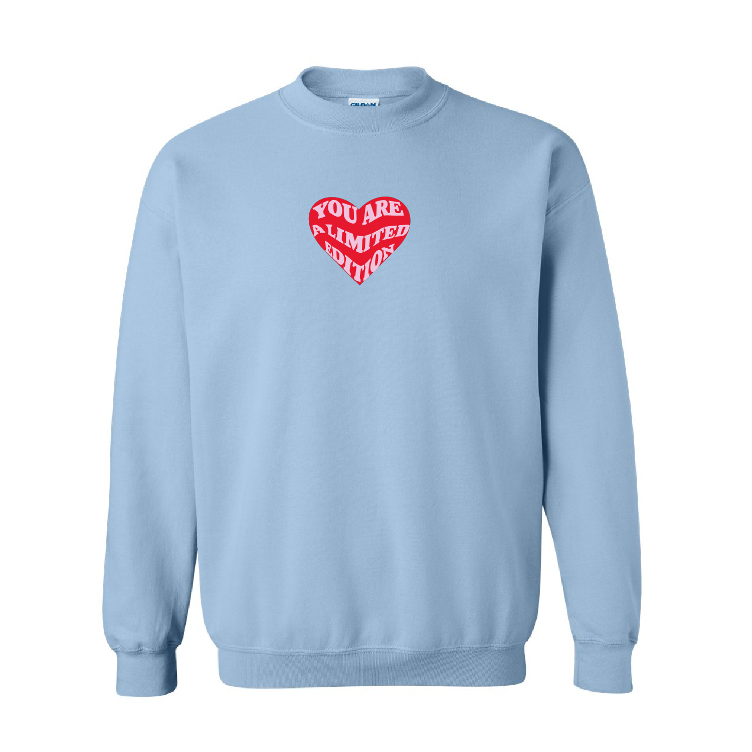 crewneck bleu pâle avec broderie de coeur avec citation you are a limited edition en rouge