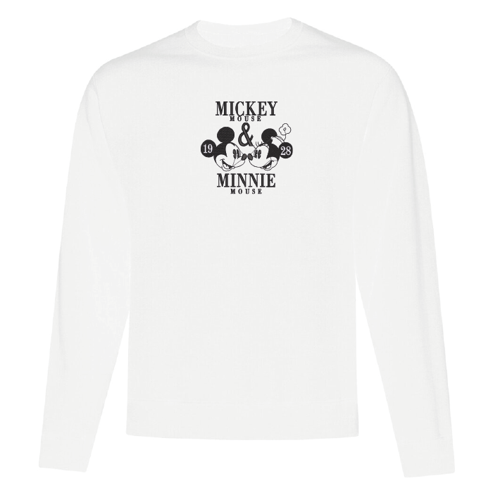 crewneck blanc broderie mickey et minnie mouse en noir et blanc