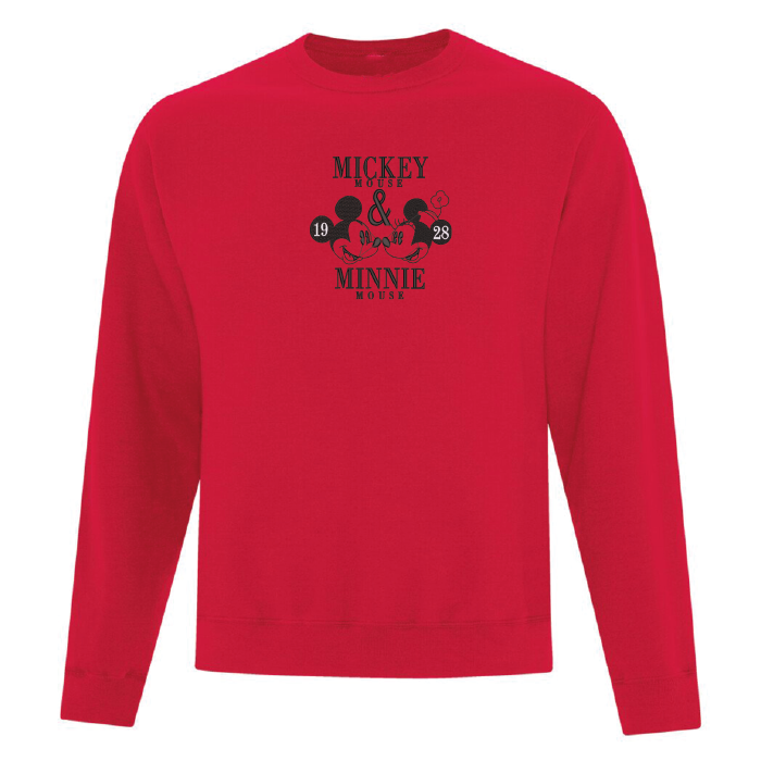 crewneck rouge broderie mickey et minnie mouse en noir et blanc