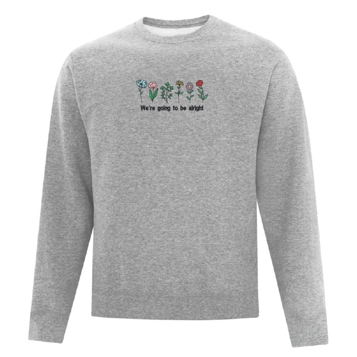 crewneck gris pâle printemps champs de fleurs citation inspirante