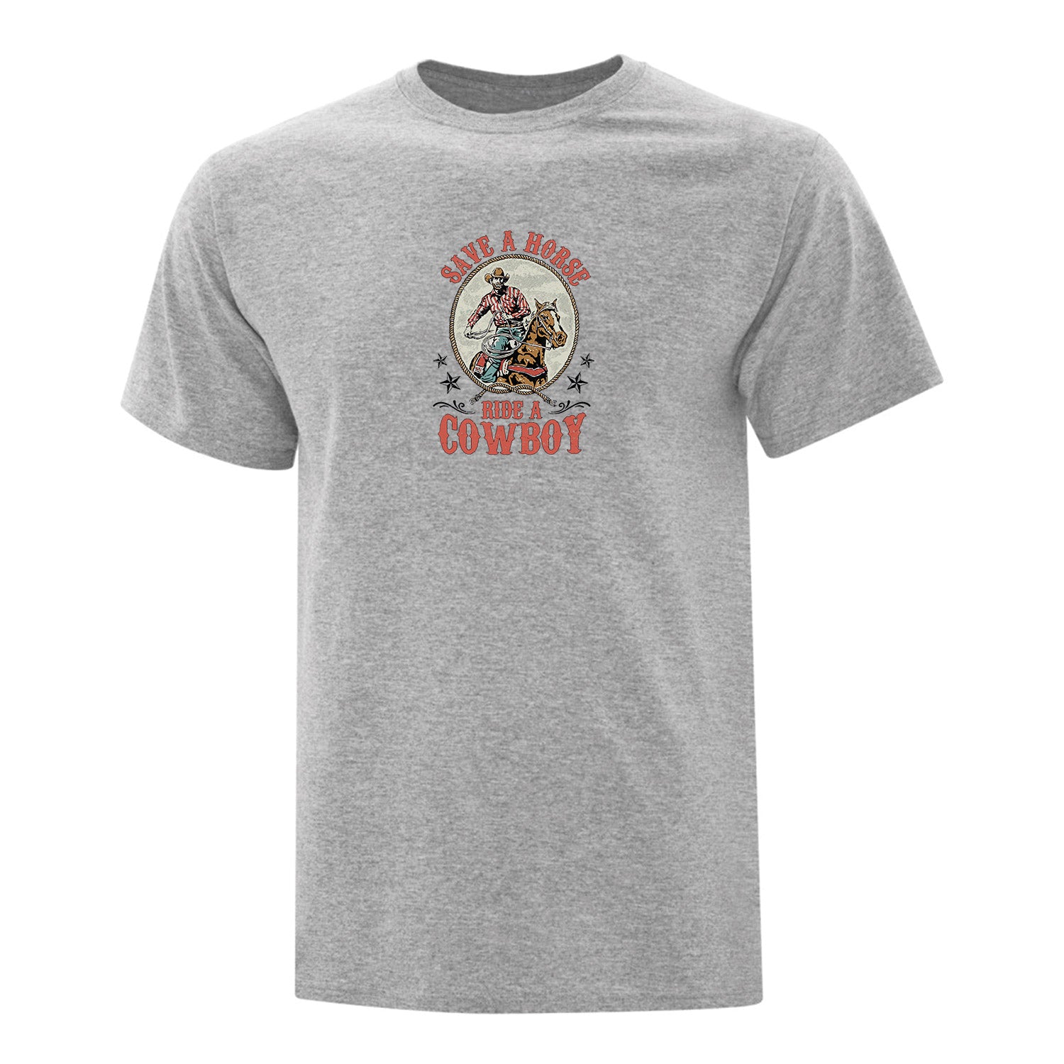 t-shirt gris pâle en manches courtes avec une impression western d'un cowboy sur son cheval avec le texte "save a horse, ride a cowboy"