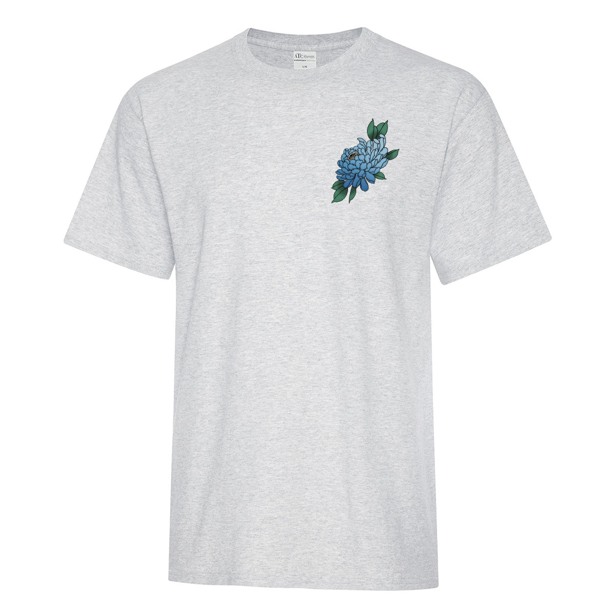 t-shirt manches courtes gris cendré avec imprimé botanique fleural en couleurs au coeur