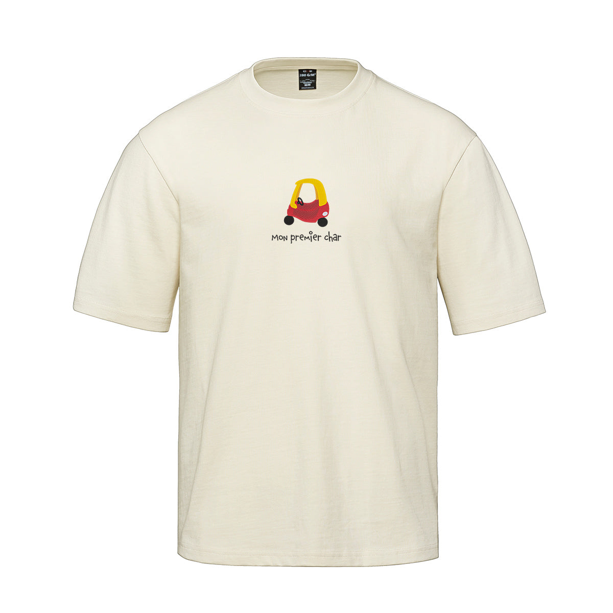 t-shirt manches courtes crème oversized, heavyweight avec broderie auto jouet rouge et jaune années 90