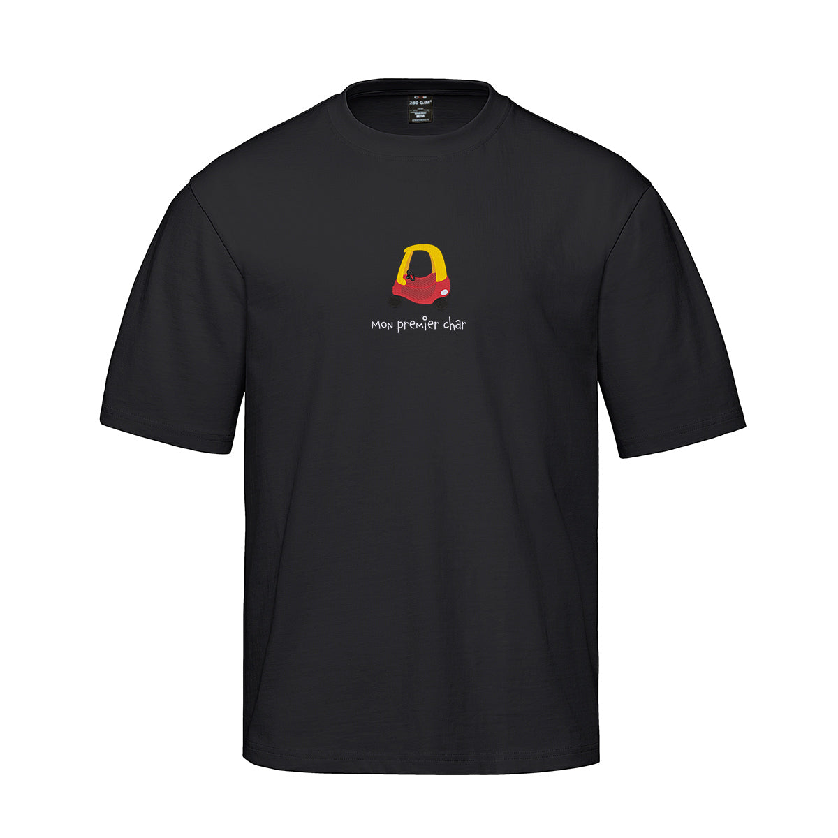 t-shirt manches courtes noir oversized, heavyweight avec broderie auto jouet rouge et jaune années 90