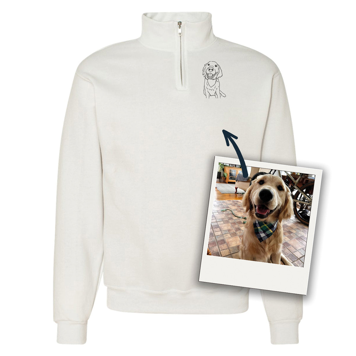 chandail chaud avec un 1/4 de zip blanc personnalisé avec une broderie minimaliste noire tracée à partir d'une photo