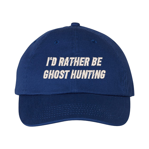 casquette bleue royale brodée i'd rather be ghost hunting en blanc