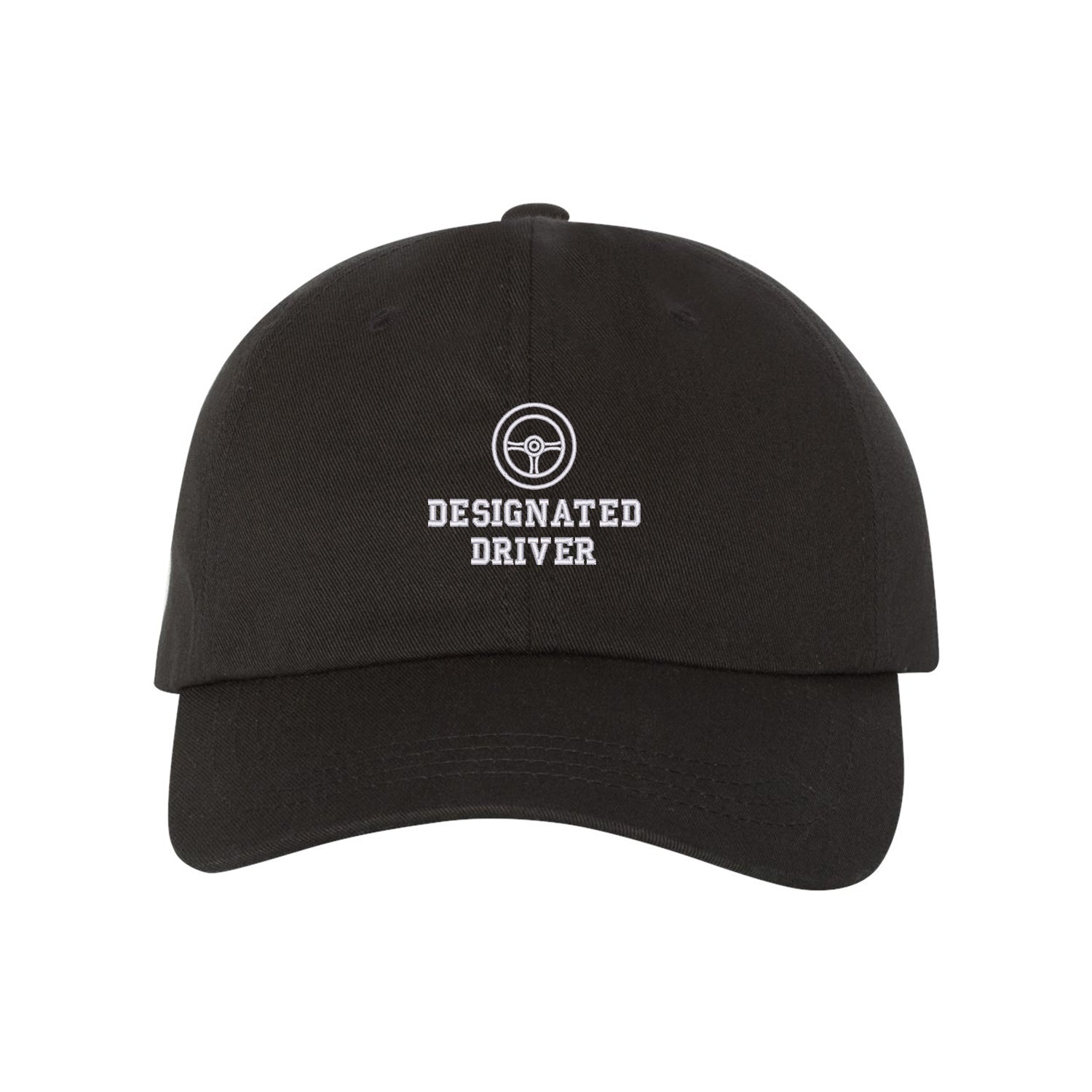 casquette dad noire avec broderie centrée en blanc "designated driver"