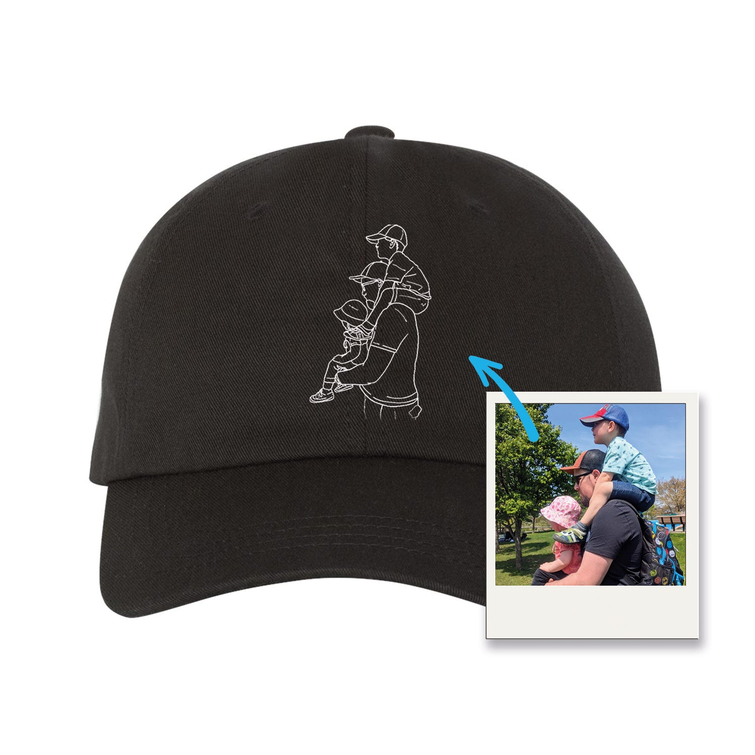 casquette dad hat noire avec broderie noire d'une silhouette d'un papa et ses enfants créée à partir d'une photo