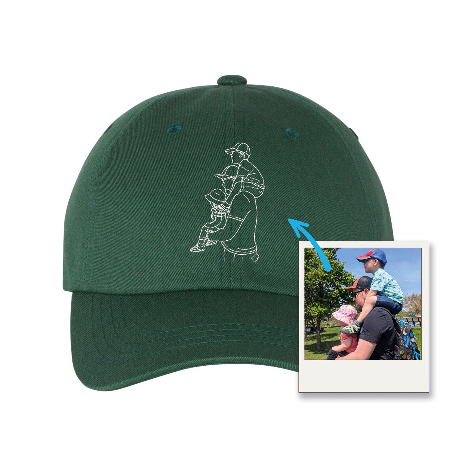 casquette dad hat vert forêt avec broderie noire d'une silhouette d'un père et ses enfants créée à partir d'une photo