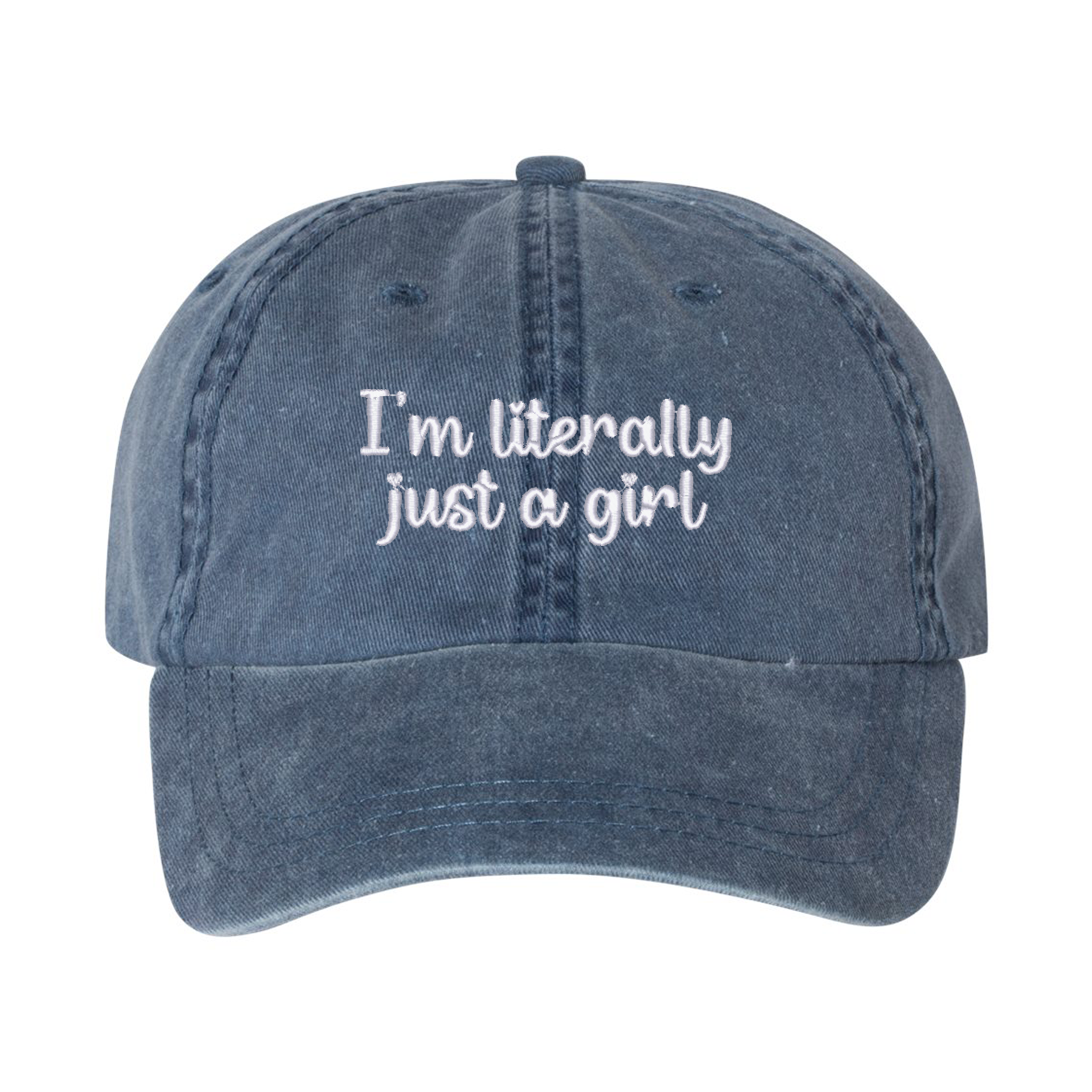 casquette bleue délavée avec une broderie blanche