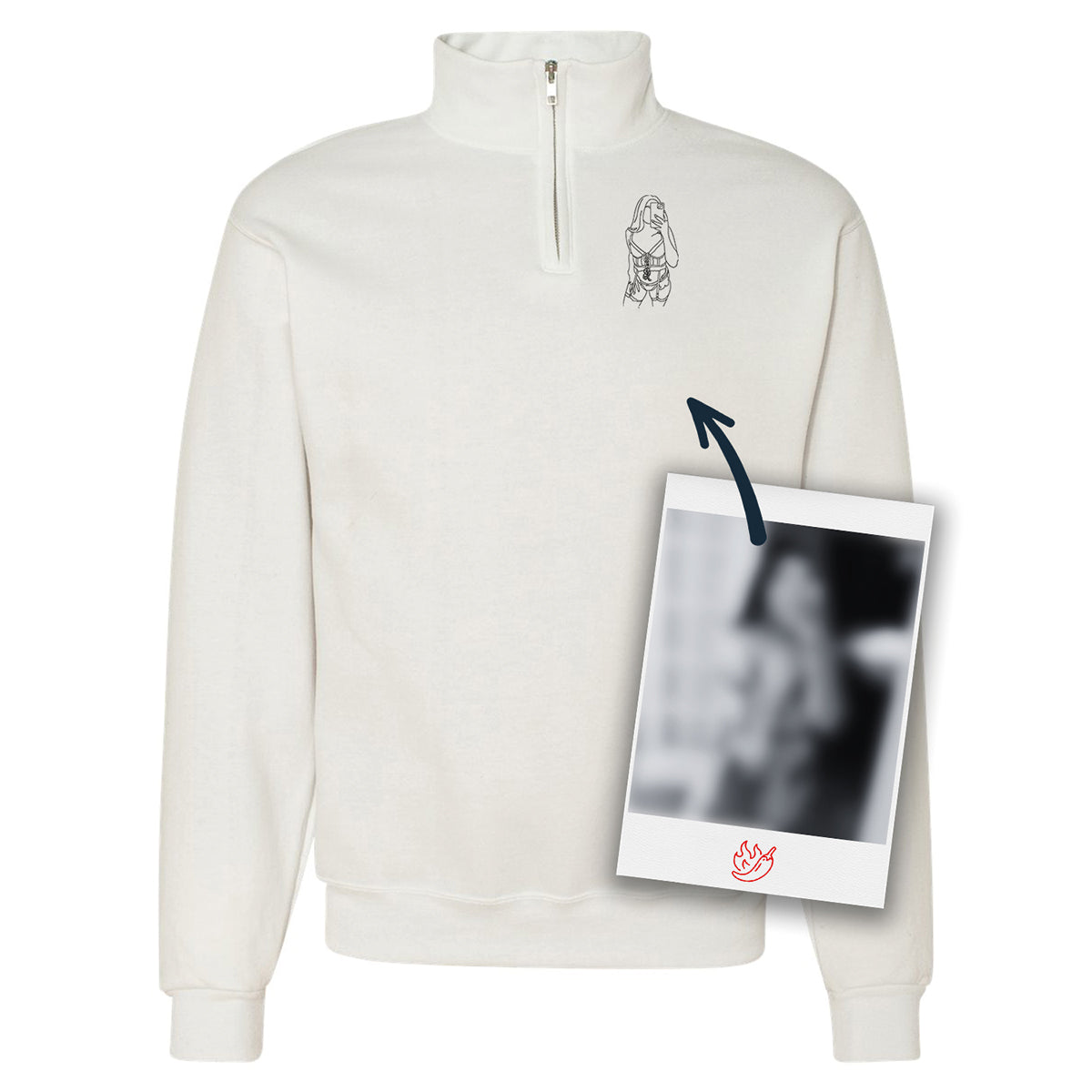 gilet blanc 1/4 de zip avec une broderie d'une silhouette dessinée à partir d'une image coquine