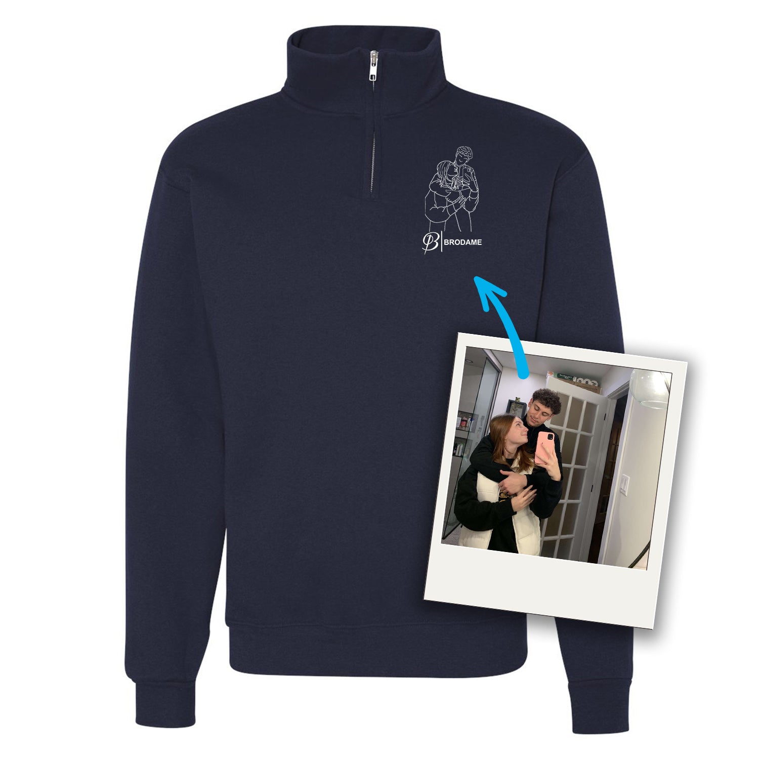 chandail chaud avec un 1/4 de zip bleu marin personnalisé avec une broderie minimaliste tracée à partir d'une photo