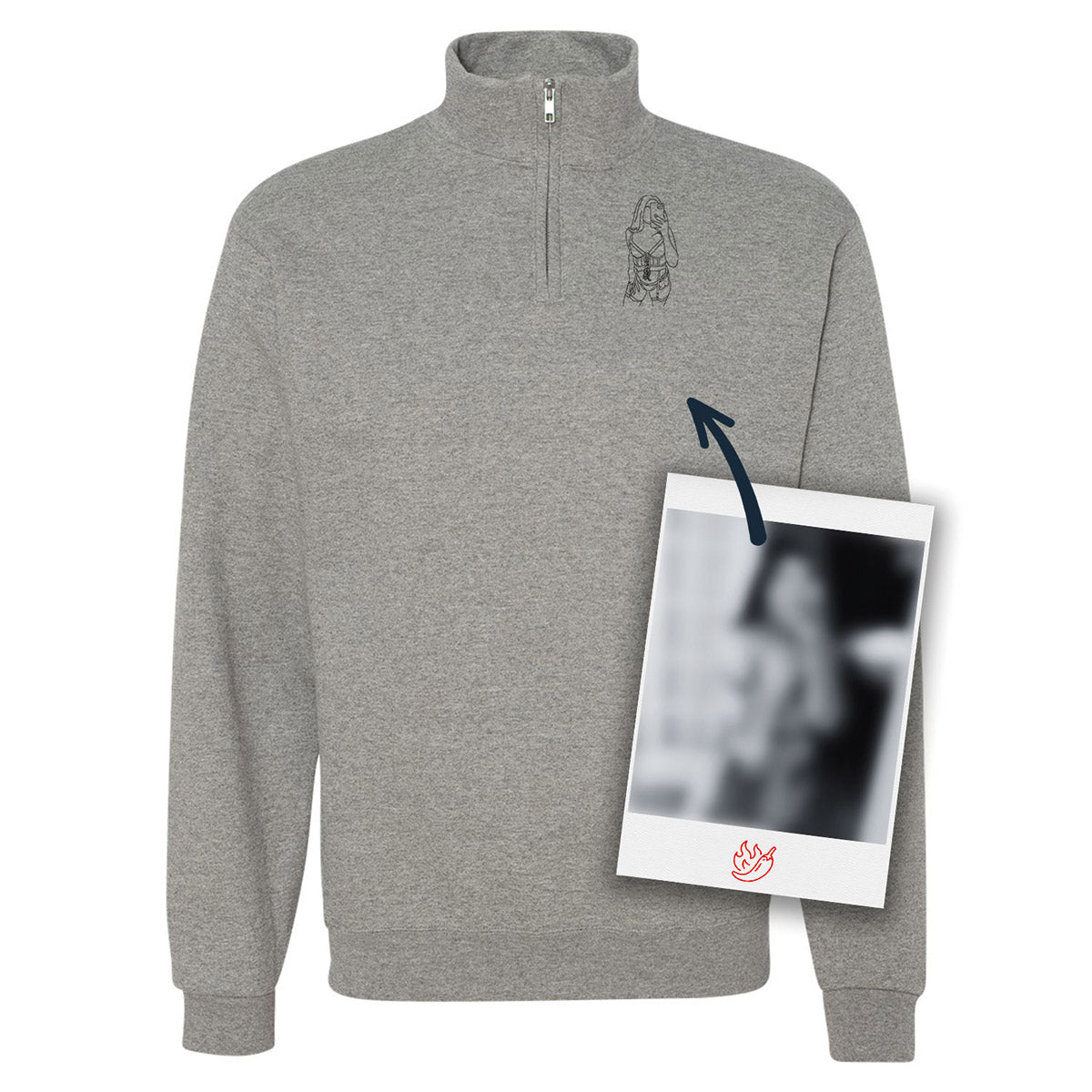 gilet gris 1/4 de zip avec une broderie d'une silhouette dessinée à partir d'une image coquine