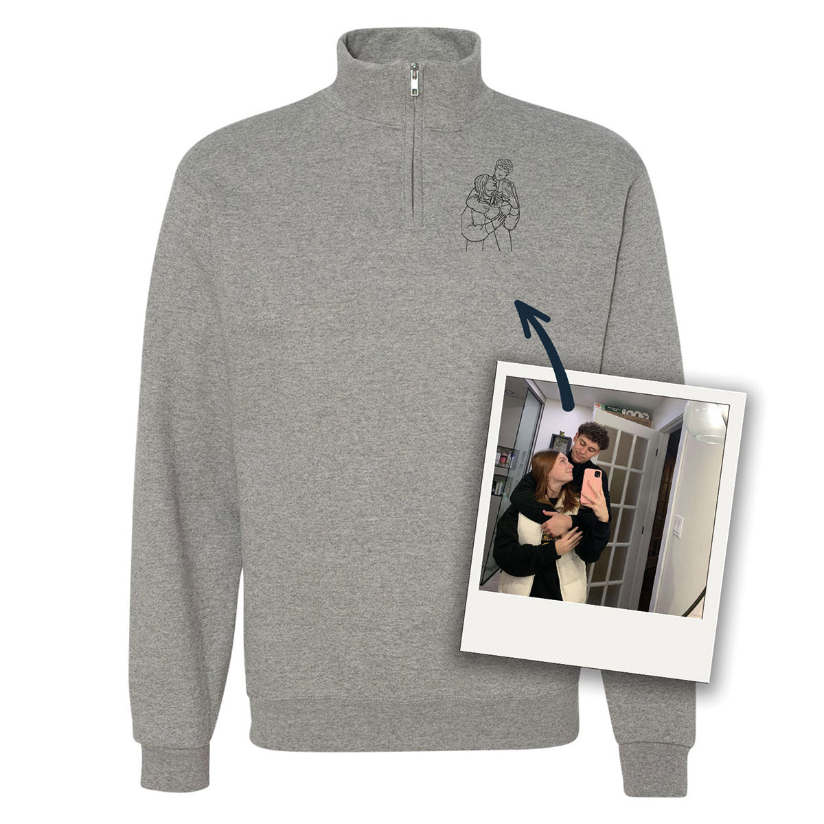 chandail chaud avec un 1/4 de zip gris personnalisé avec une broderie minimaliste noire tracée à partir d'une photo