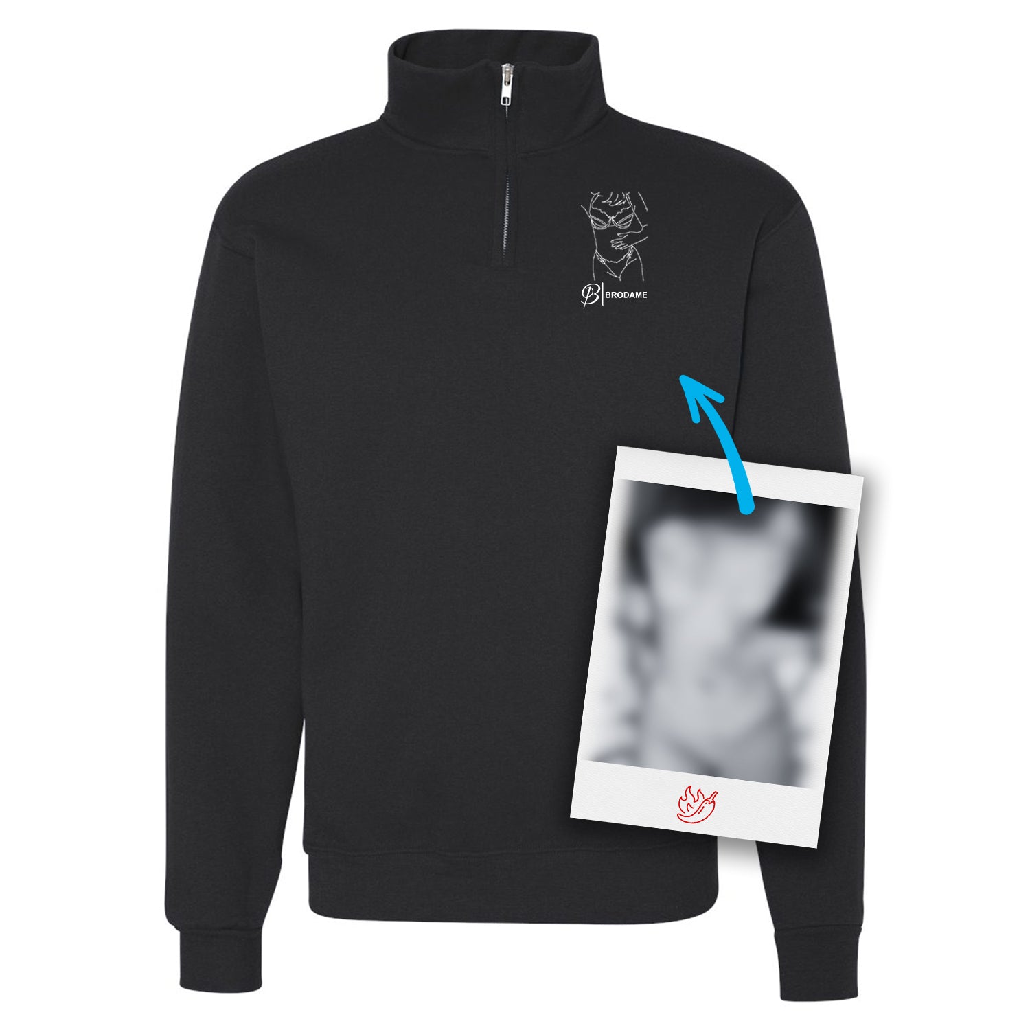 gilet noir 1/4 de zip avec une broderie d'une silhouette dessinée à partir d'une image coquine