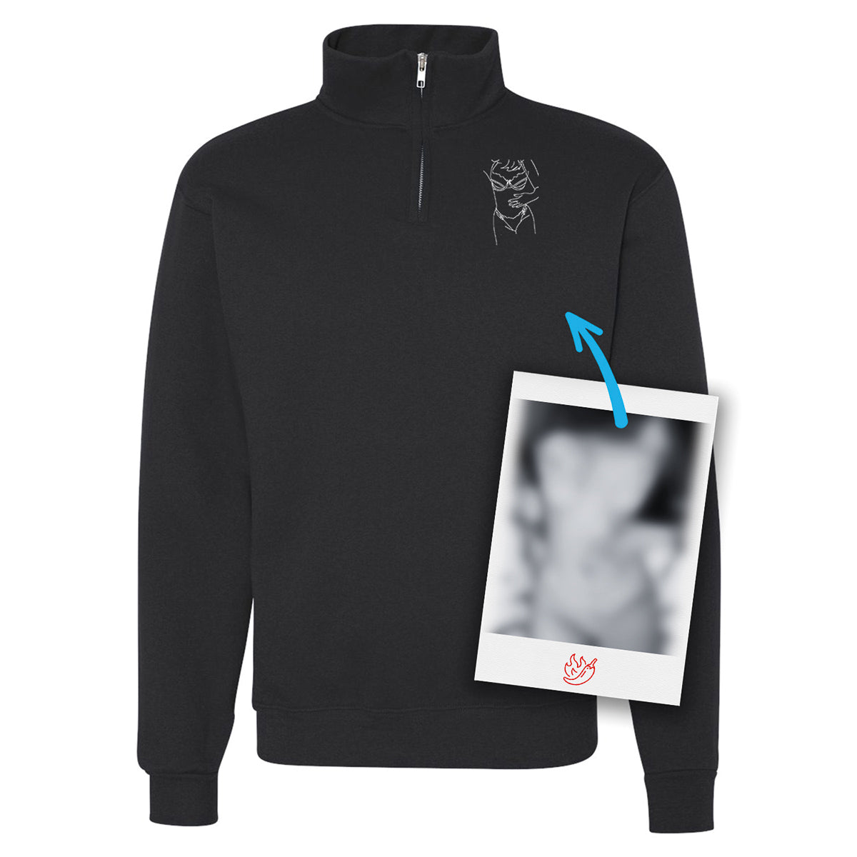 gilet noir 1/4 de zip avec une broderie d'une silhouette dessinée à partir d'une image coquine