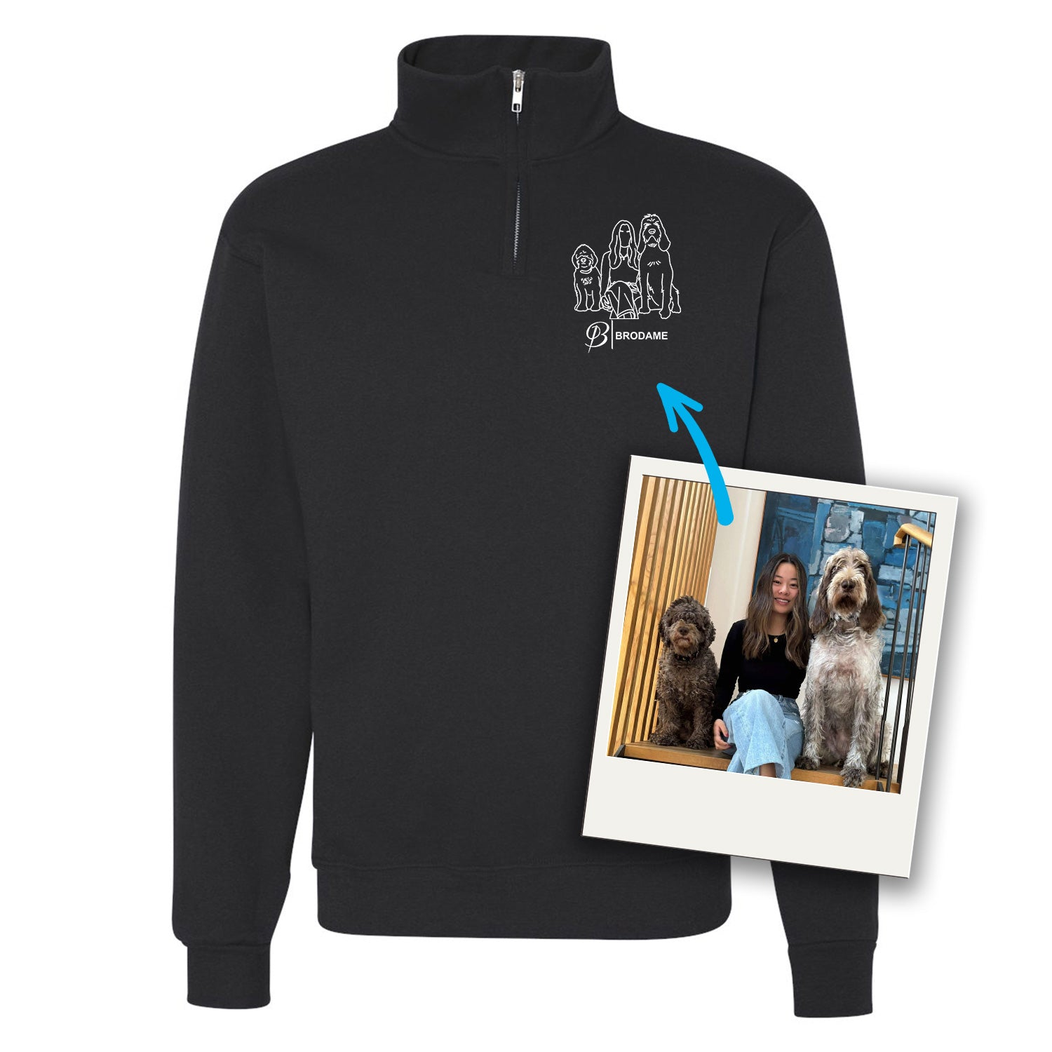 chandail chaud avec un 1/4 de zip noir personnalisé avec une broderie minimaliste tracée à partir d'une photo