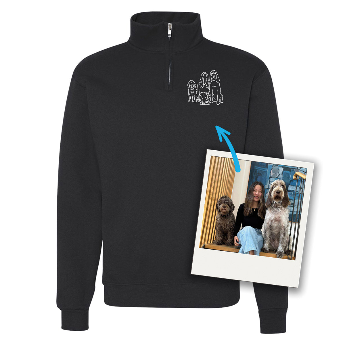 chandail chaud avec un 1/4 de zip noir personnalisé avec une broderie minimaliste blanche tracée à partir d'une photo