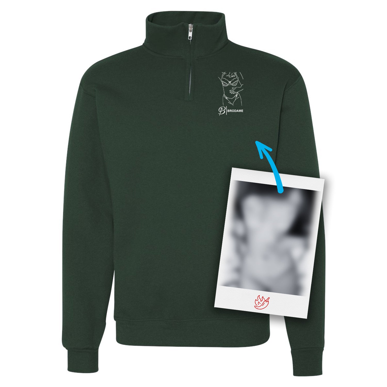 gilet vert forêt 1/4 de zip avec une broderie d'une silhouette dessinée à partir d'une image coquine