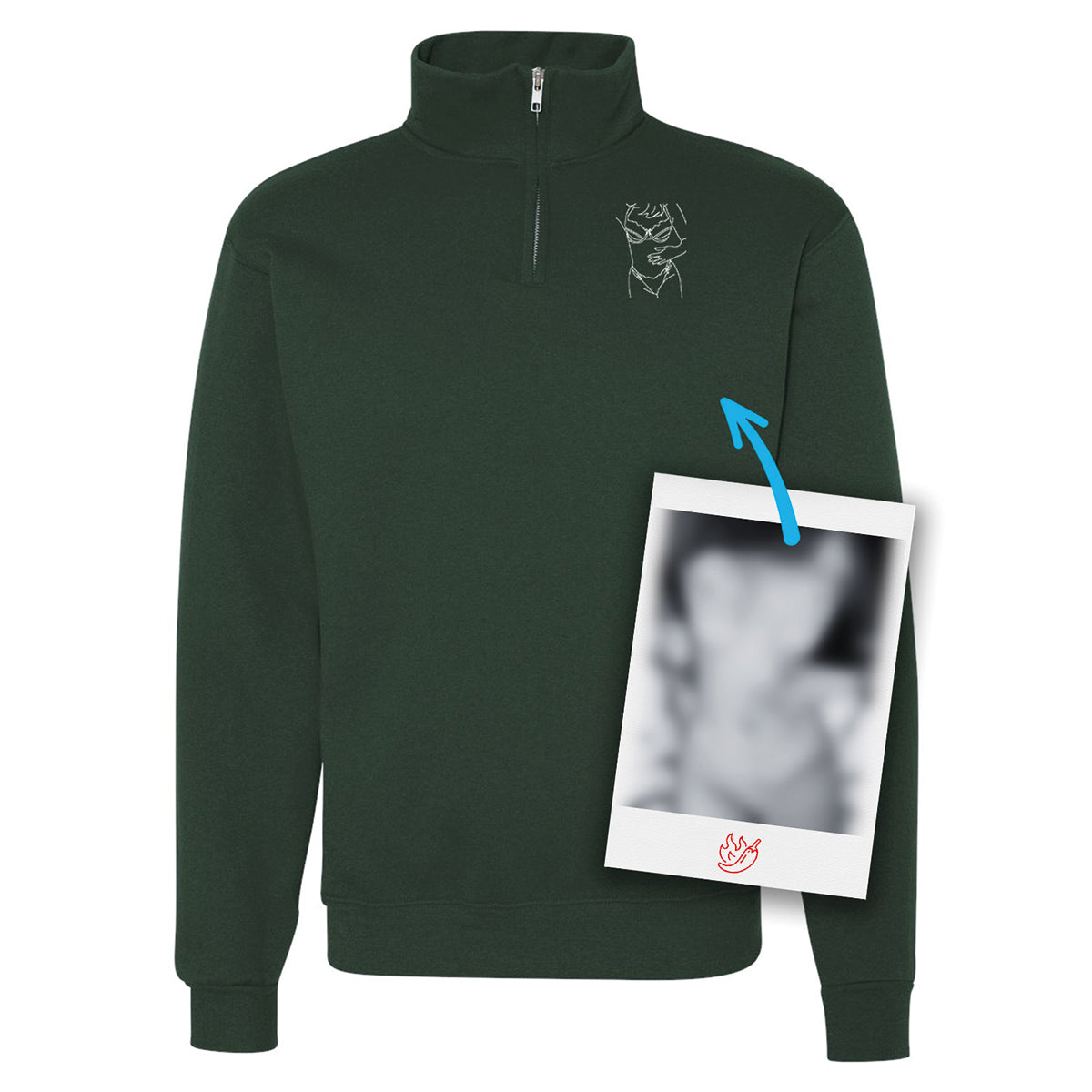 gilet vert forĂȘt 1/4 de zip avec une broderie d'une silhouette dessinĂ©e Ă partir d'une image coquine