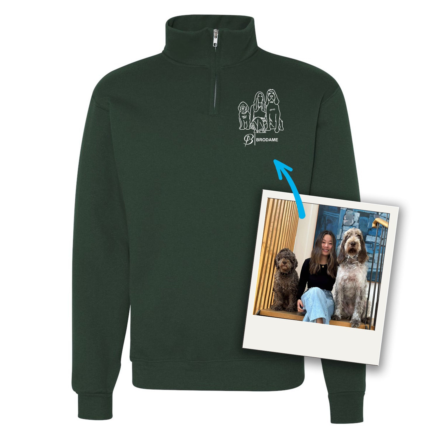 chandail chaud avec un 1/4 de zip vert forêt personnalisé avec une broderie minimaliste tracée à partir d'une photo