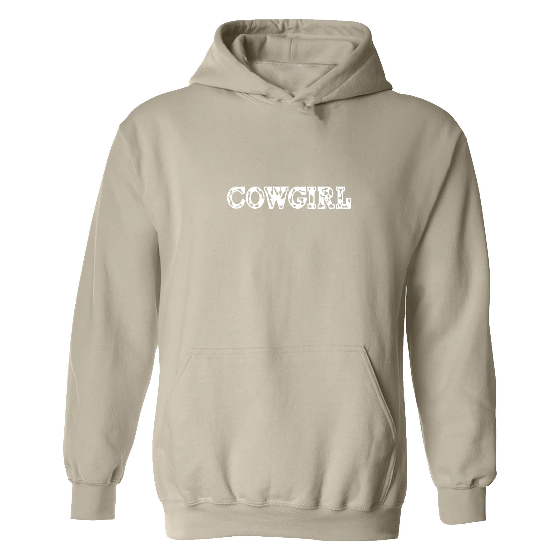 hoodie cowgirl beige brodé en blanc avec police d'écriture à motif de vache