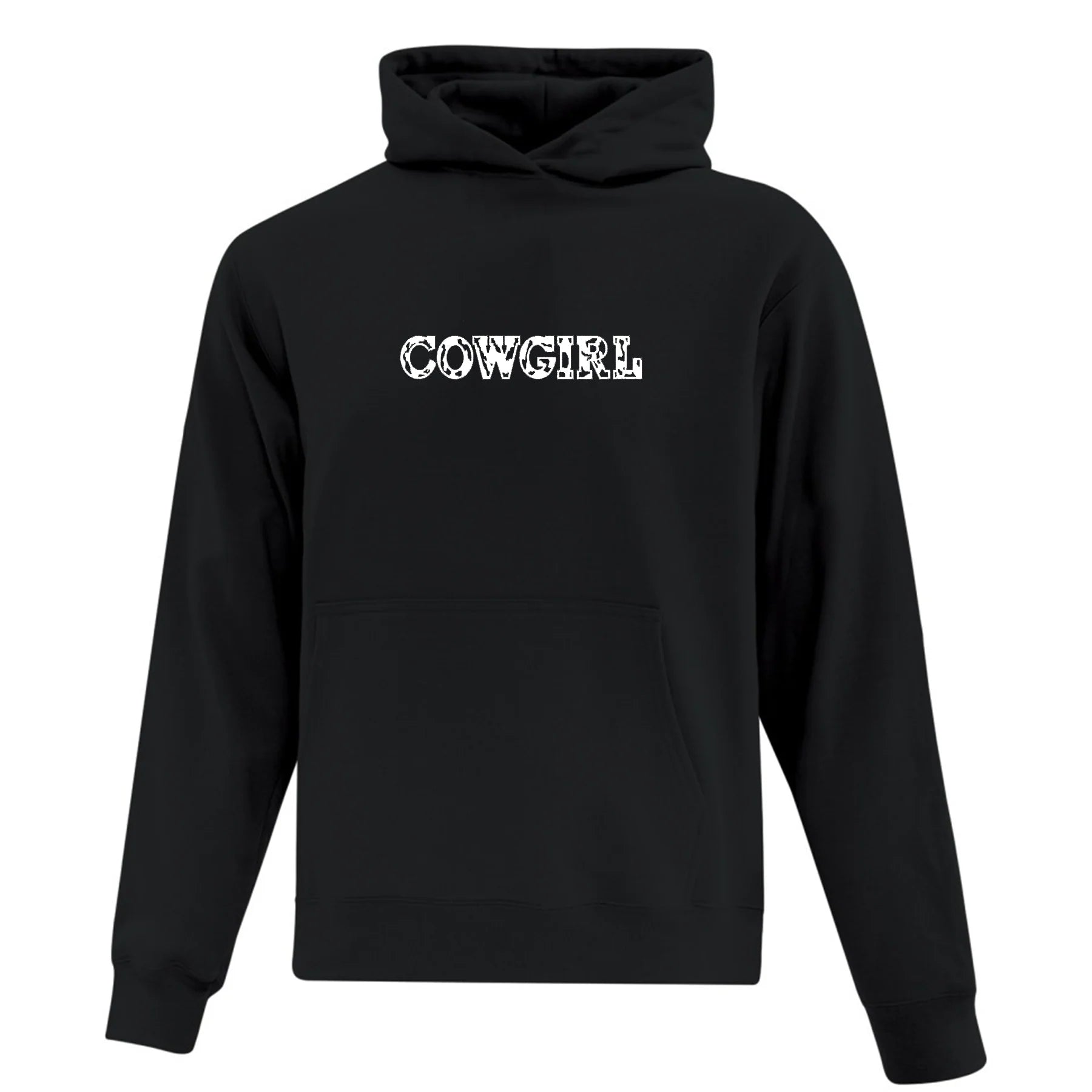 hoodie cowgirl noir brodé en blanc avec police d'écriture à motif de vache