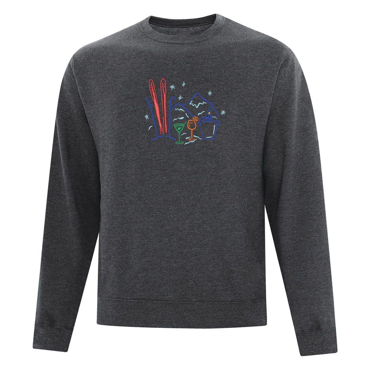 crewneck gris foncé avec une borderie d'illustrations de ski et de verre d'alcool multicolores