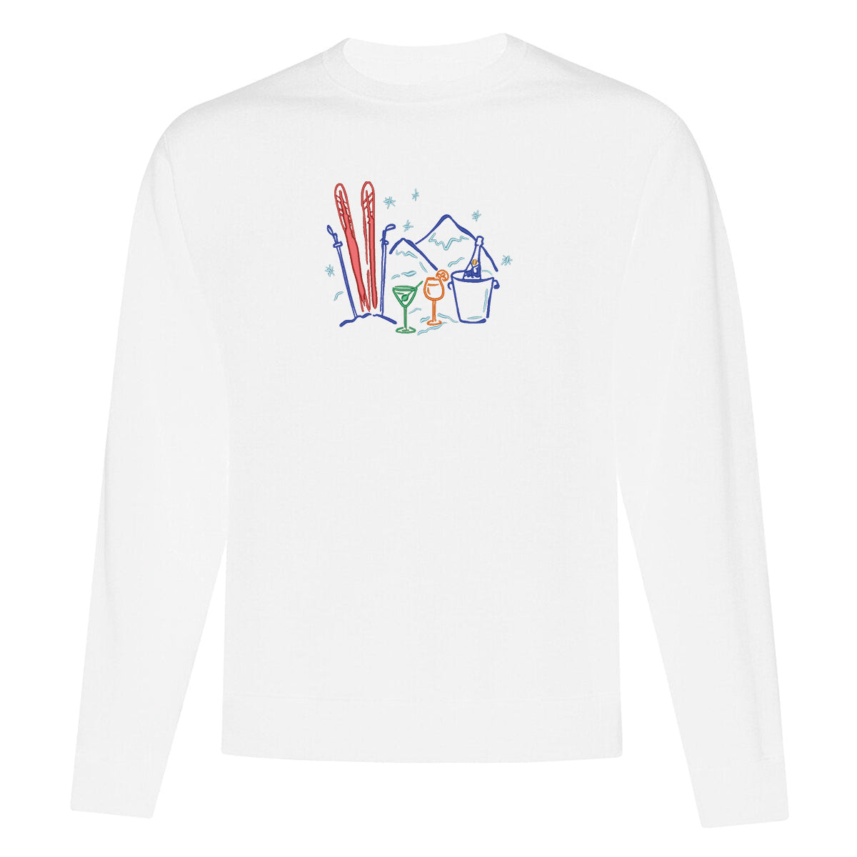 crewneck blanc avec une borderie d'illustrations de ski et de verre d'alcool multicolores