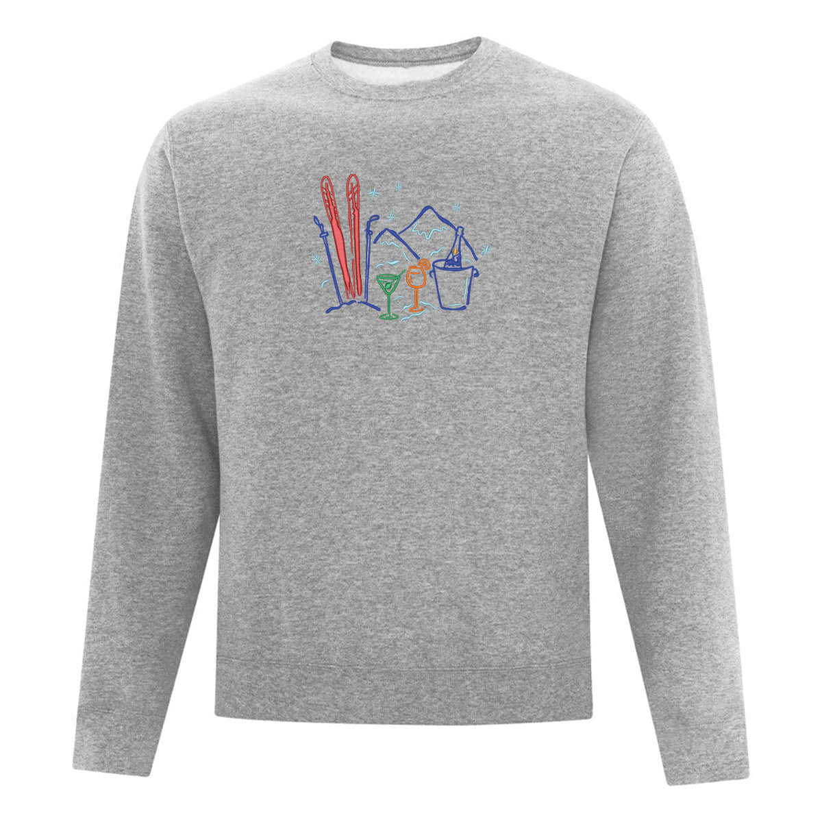 crewneck gris pâle avec une borderie d'illustrations de ski et de verre d'alcool multicolores